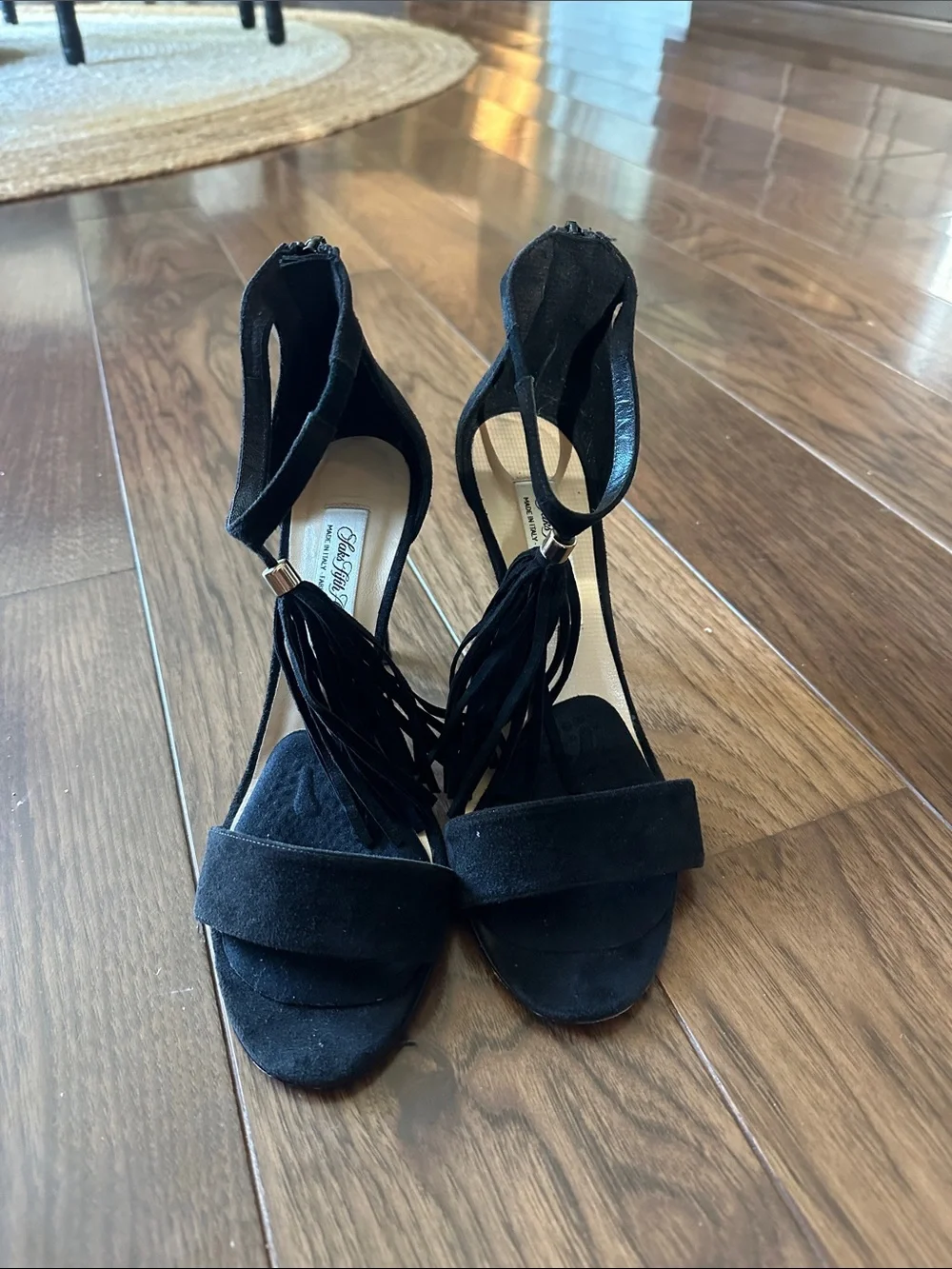 Saks Fifth Avenue Black Suede Tassel Ankle-Strap Heels